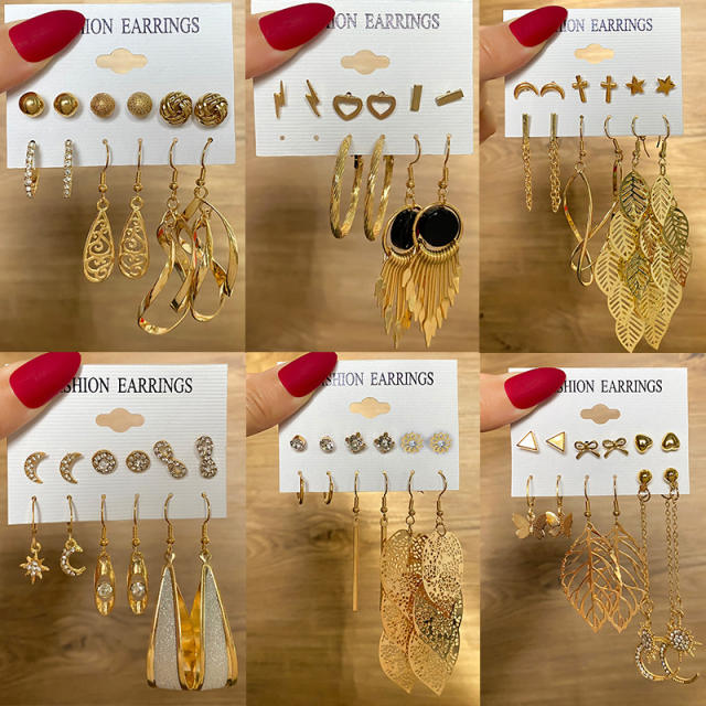 Creative metal hollow leaf earrings set