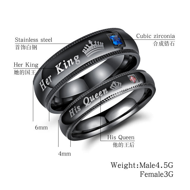 Her king His Queen color diamond crown stainless steel rings couple rings