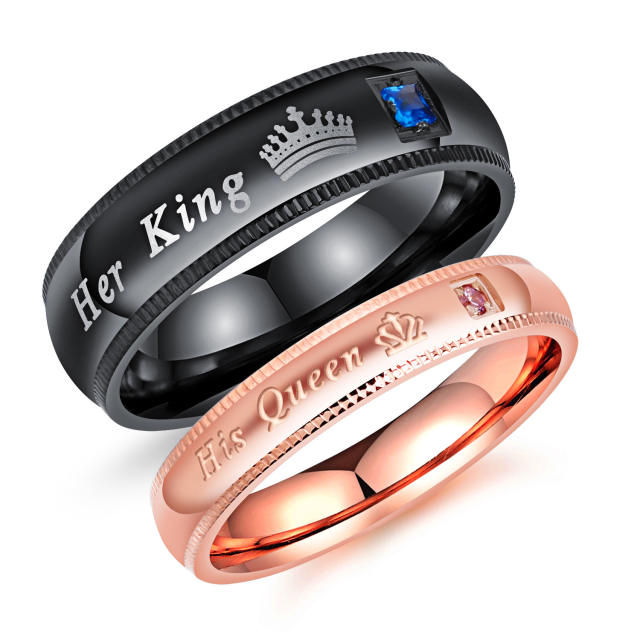 Her king His Queen color diamond crown stainless steel rings couple rings