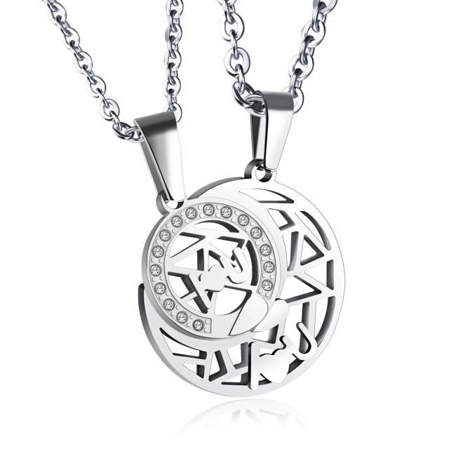 Sun moon hollow out matching stainless steel necklace