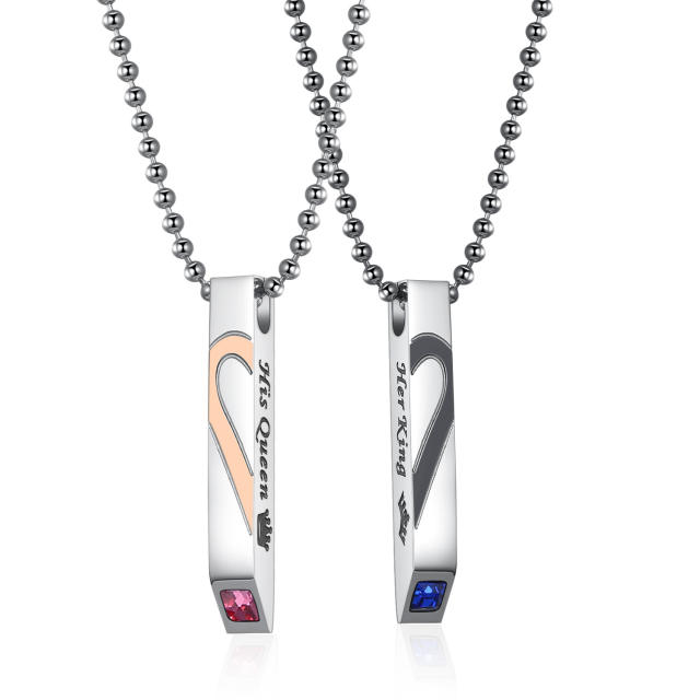 Her King His Queen diamond matching heart stainless steel necklace