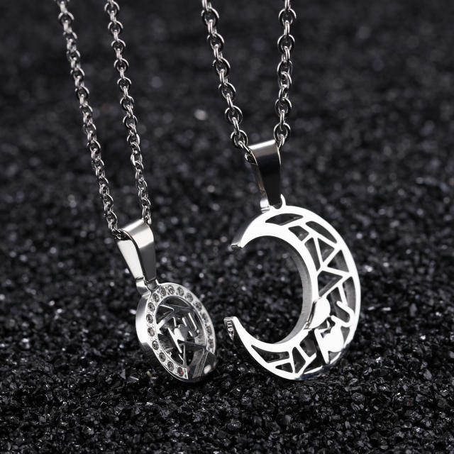 Sun moon hollow out matching stainless steel necklace