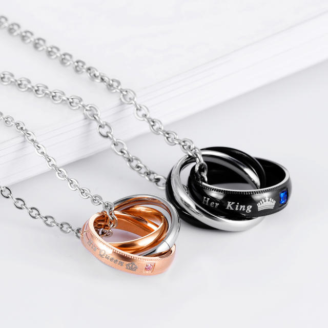 Her King his Queen crown letter circle stainless steel necklace