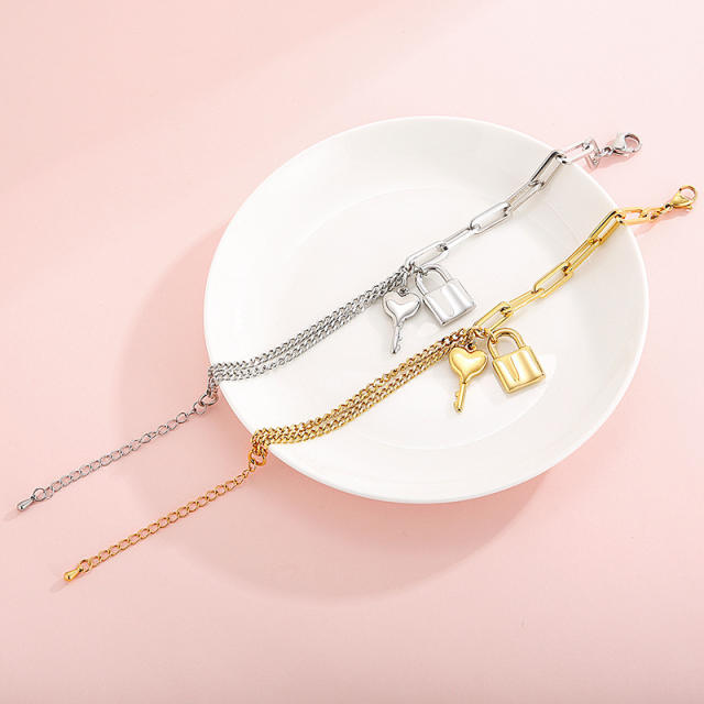 Padlock key charm stainless steel chain bracelet
