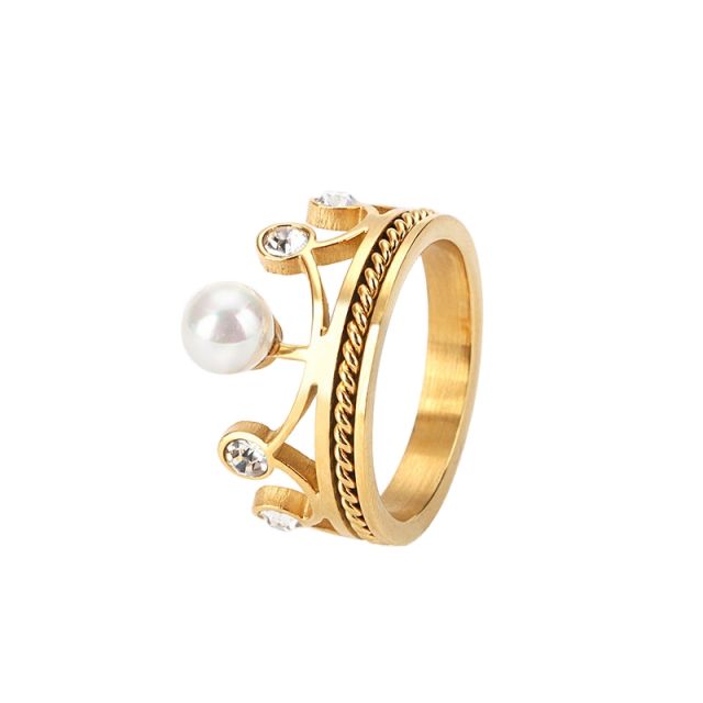 Elegant crown design pearl stainless steel rings