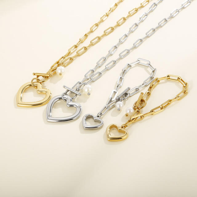 Hiphop chunky chain heart pendant stainless steel necklace