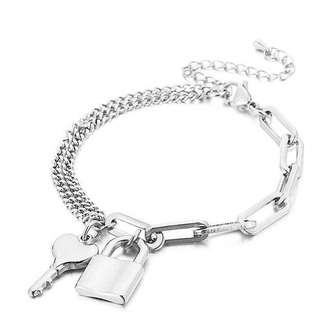 Padlock key charm stainless steel chain bracelet