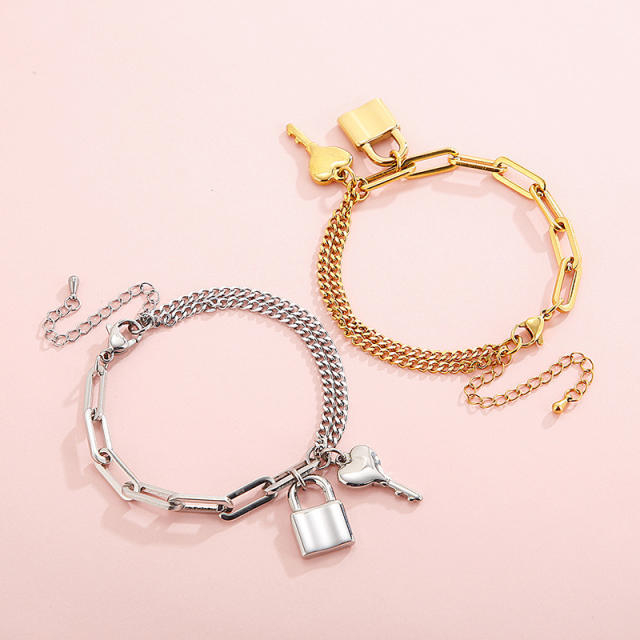 Padlock key charm stainless steel chain bracelet