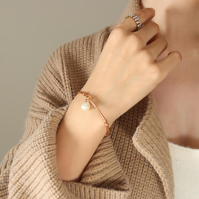 Vintage personality pearl beads stainless steel bangle