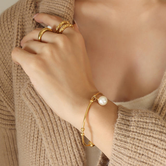 Vintage personality pearl beads stainless steel bangle