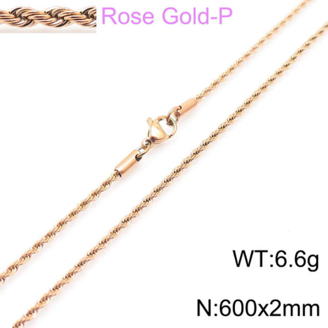 Hiphop rose gold color rope chain stainless steel necklace