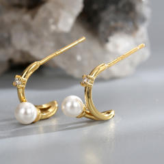 French pearl beads open hoop real gold plated earrings