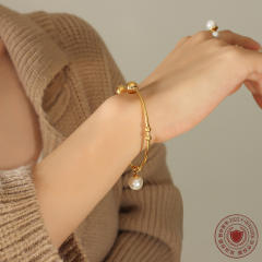 Vintage personality pearl beads stainless steel bangle