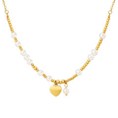 Faux pearl bead heart charm stainelss steel necklace