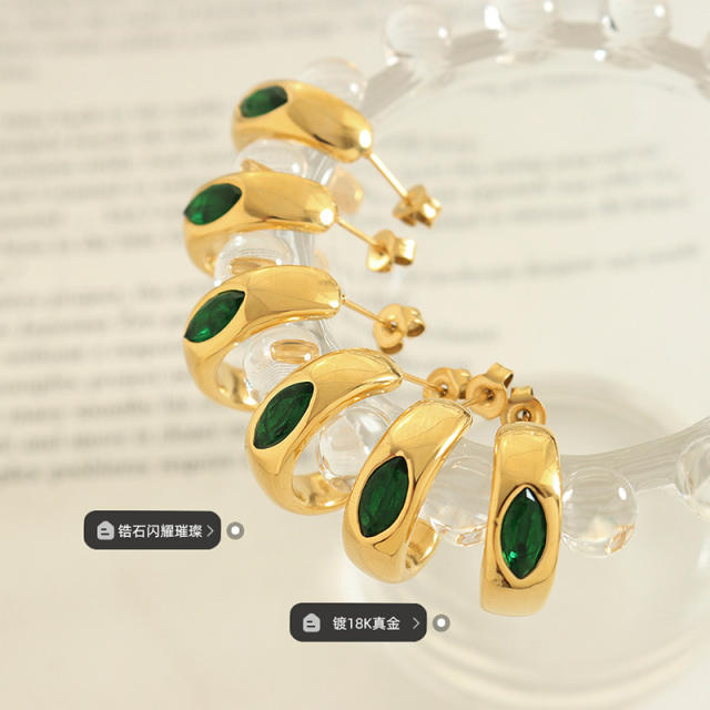 Vintage enmrald openning hoop stainless steel earrings