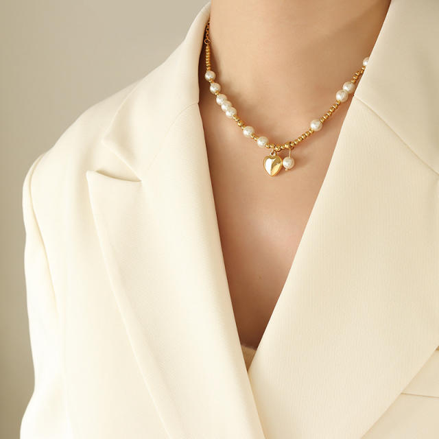 Faux pearl bead heart charm stainelss steel necklace