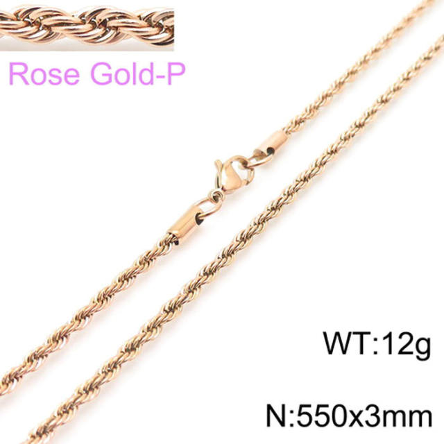 Hiphop rose gold color rope chain stainless steel necklace