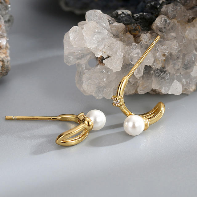 French pearl beads open hoop real gold plated earrings