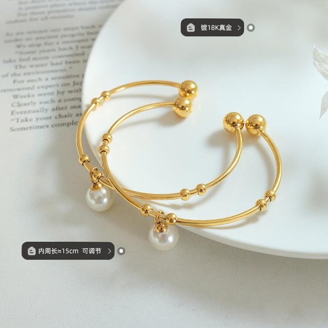 Vintage personality pearl beads stainless steel bangle