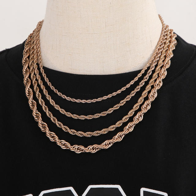 Hiphop rose gold color rope chain stainless steel necklace