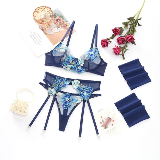 Fashionable navy blue color embroidery flower lingerie
