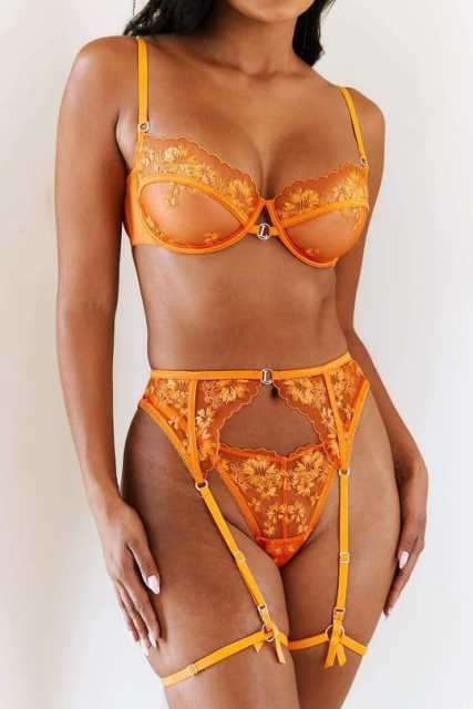 Yellow color sexy lace embroidery flower lingerie