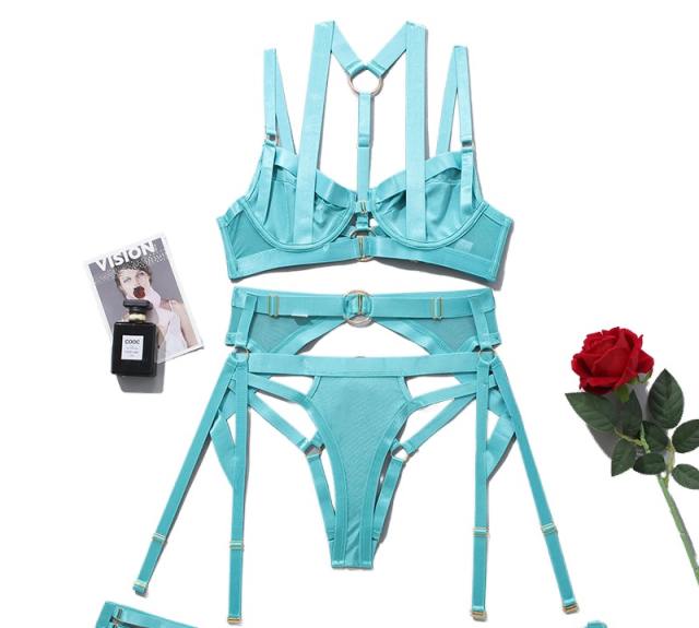 Plain color strappy sexy lingerie set