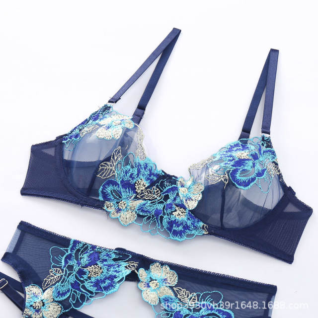 Fashionable navy blue color embroidery flower lingerie