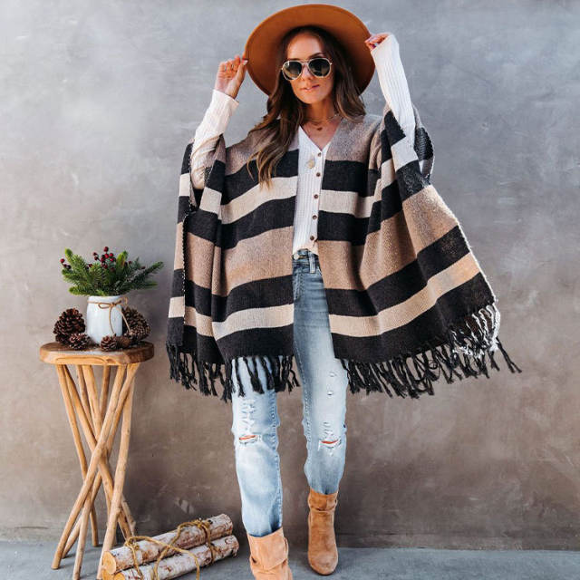 Winter desing knitted stripe patter tassel cardigan