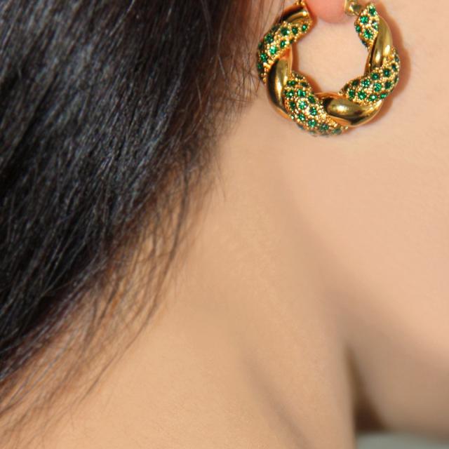 French green color crystal statement twisted hoop earrings