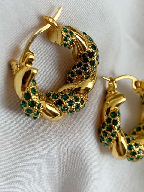French green color crystal statement twisted hoop earrings