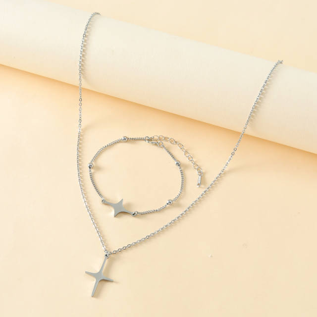 Silver color stainless steel star necklace bracelet set