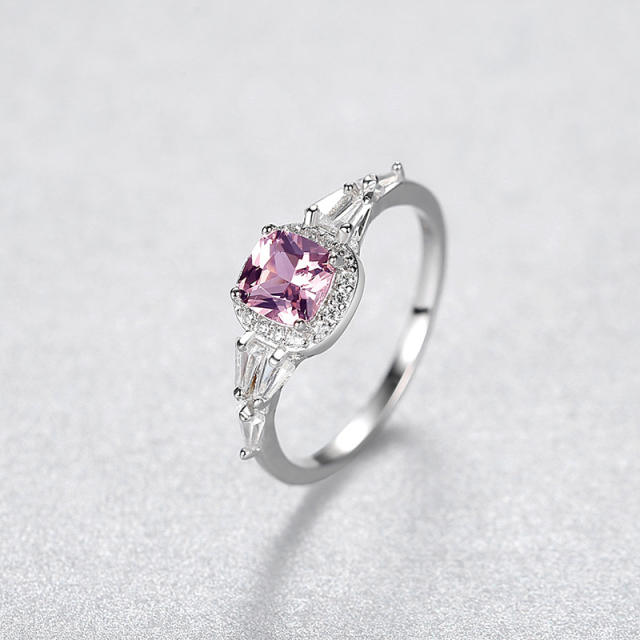 Princess cut pink crystal sterling silver wedding rings
