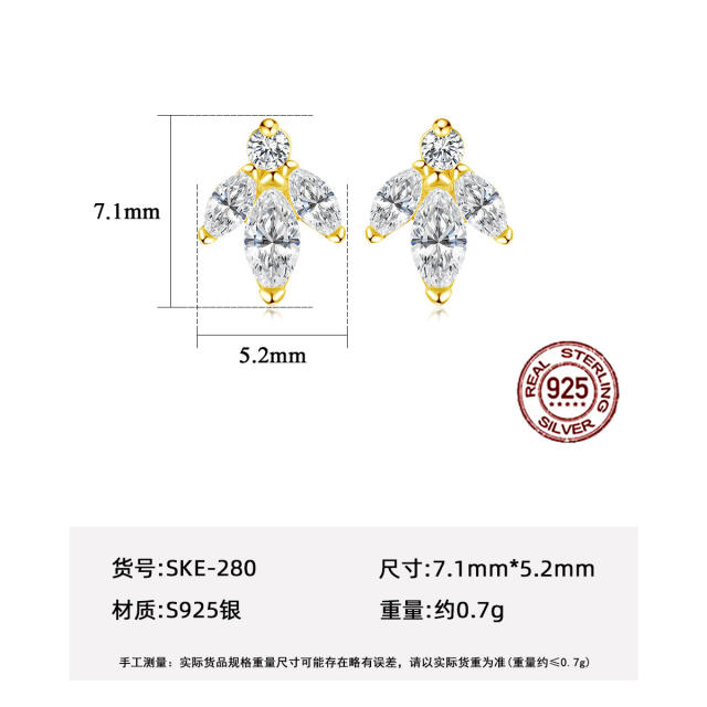 Elegant crystal leaf 925 sterling silver studs earrings