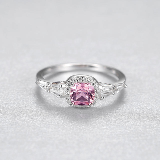 Princess cut pink crystal sterling silver wedding rings