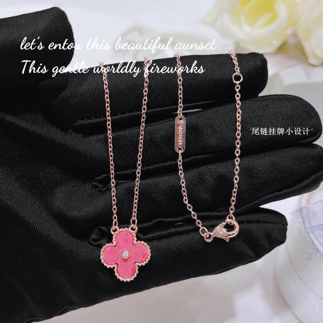 Special pink color clover necklace earrings bracelet set
