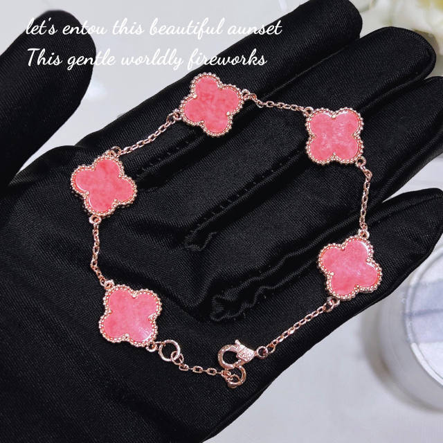 Special pink color clover necklace earrings bracelet set
