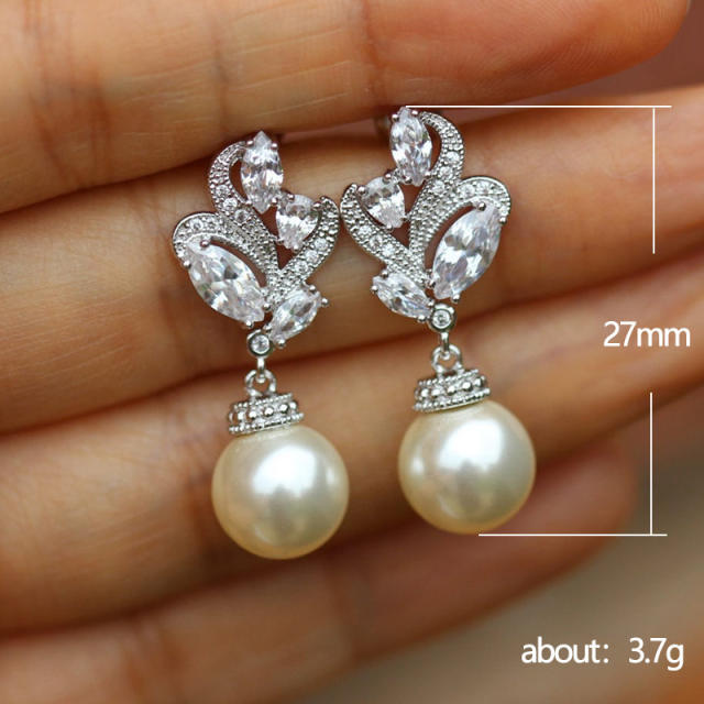 Elegant diamond flower faux pearl drop earrings