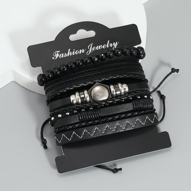 5pcs diy black leather bracelet set for men