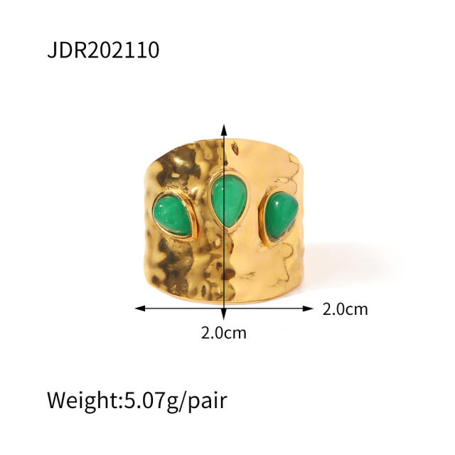 Three green color natural stone stainless steel rings