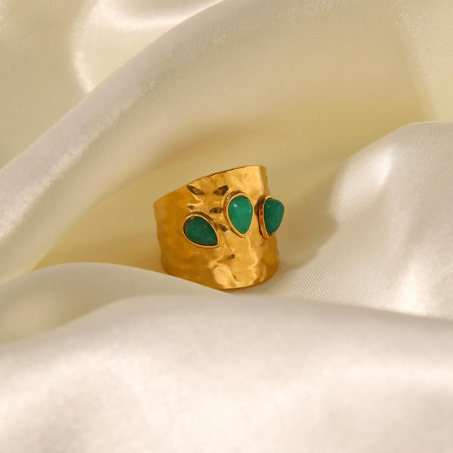 Three green color natural stone stainless steel rings