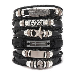 Hiphop black color leather bracelet for men