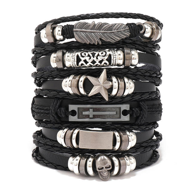 Hiphop black color leather bracelet for men