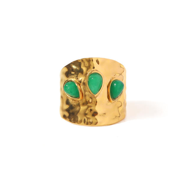 Three green color natural stone stainless steel rings