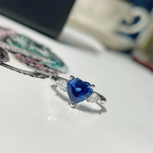 INS faux sapphire heart rings for women
