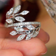 Luxury pave setting diamond leaf shape women rings