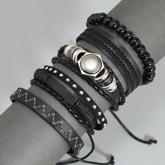 5pcs diy black leather bracelet set for men