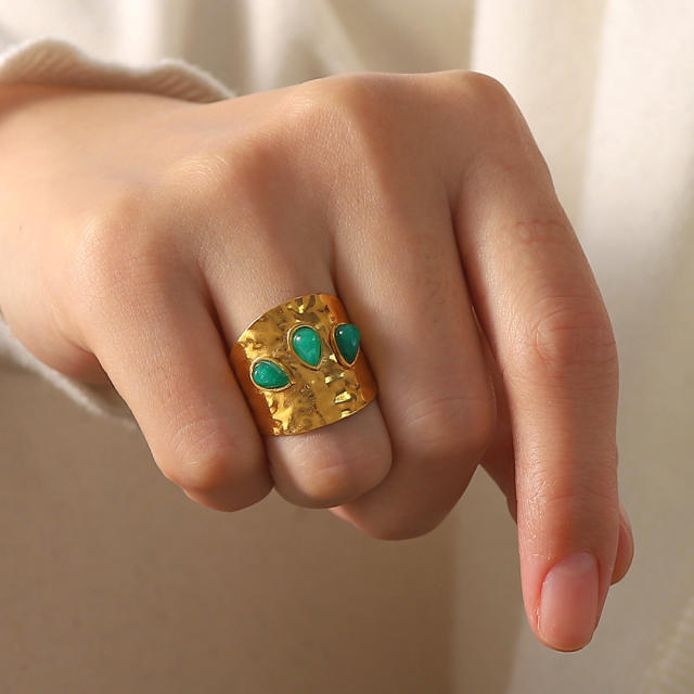 Three green color natural stone stainless steel rings