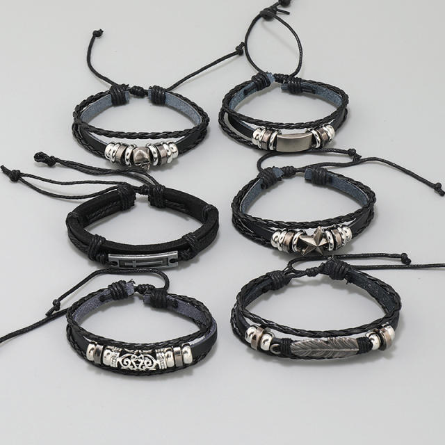 Hiphop black color leather bracelet for men