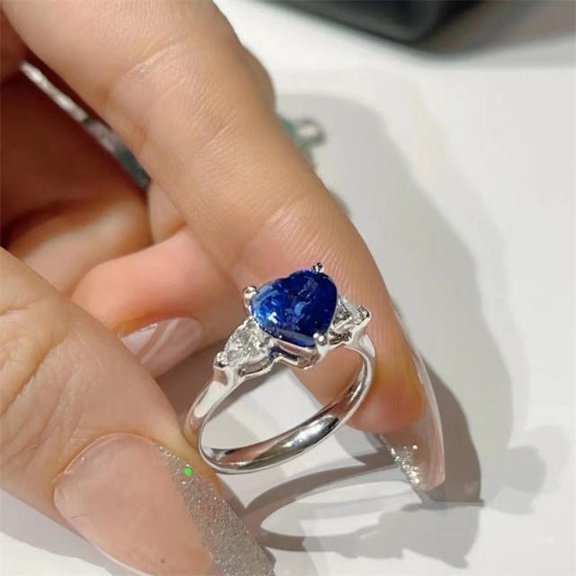 INS faux sapphire heart rings for women